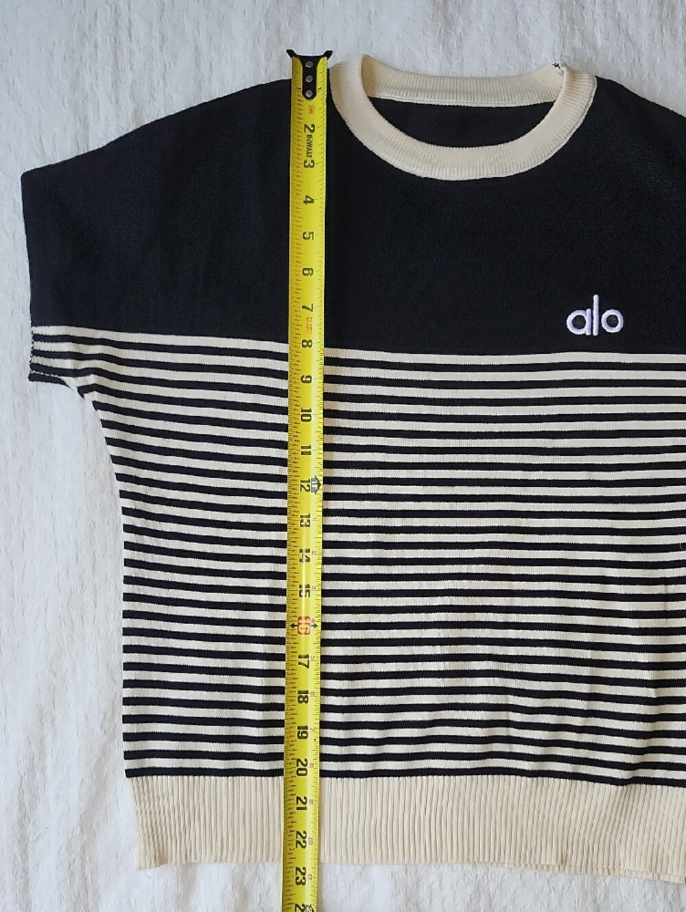 Alo Yoga Tennis Club Striped Knit Pullover Sweater Black Ivory - Picture 6 of 7